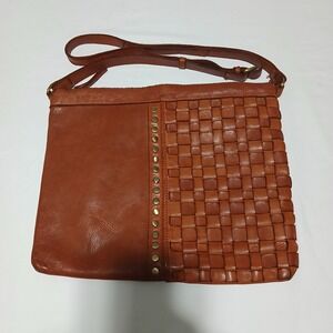 Marta‎ Ponti Woven Leather Crossbody Bag Cognac Studded Shoulder Bag